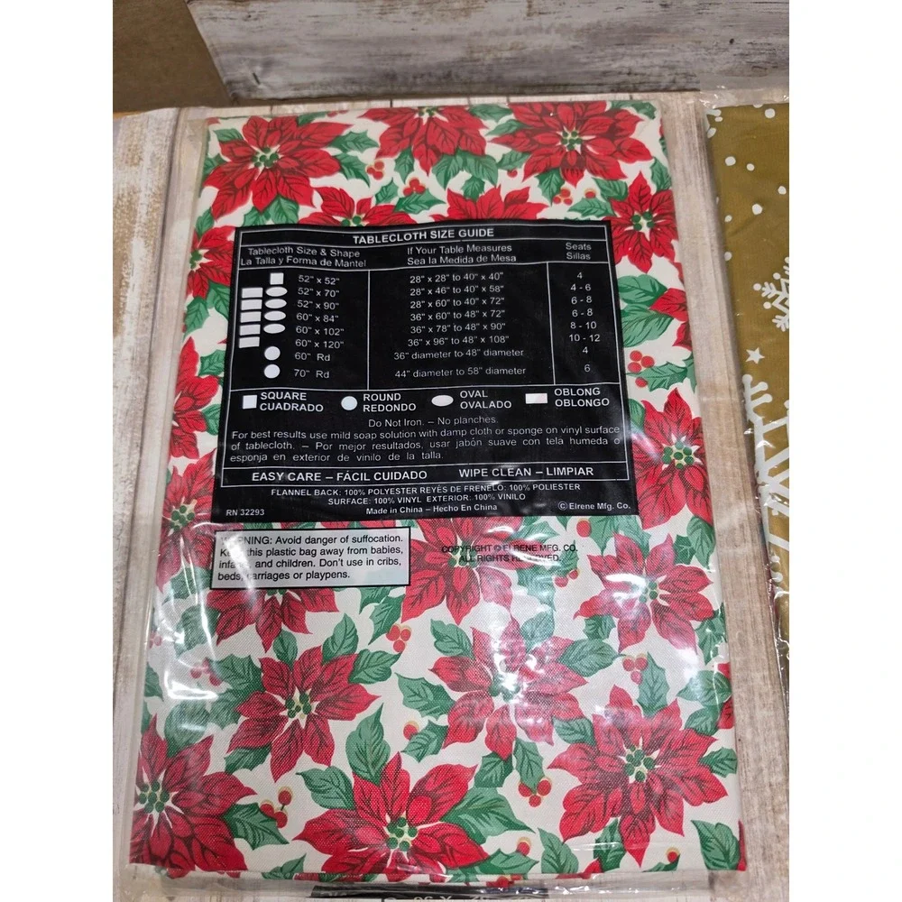 Lot of 3 Christmas Holiday Tablecloths Poinsettia Snowflake Vinyl Plastic Bundle